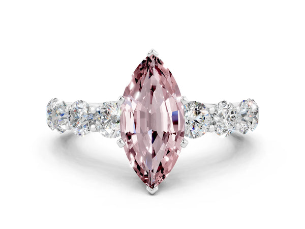Silver Marquise Cut Morganite Prong Setting with Side Stones on a Pave Band