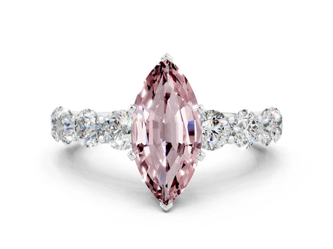 White gold Marquise Cut Morganite Prong Setting with Side Stones on a Pave Band