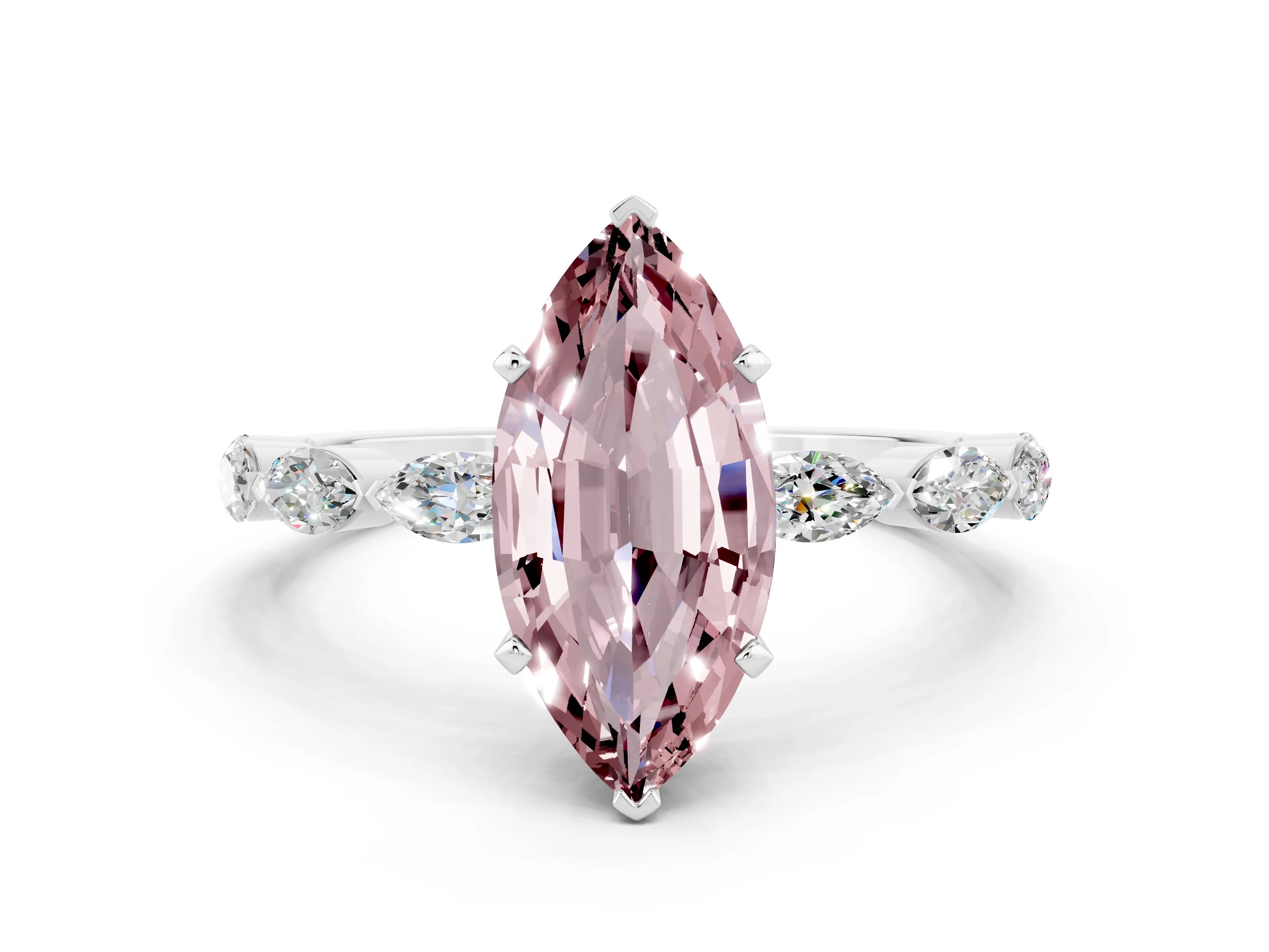 White gold Marquise Cut Morganite Ring with Marquise Side Stones and Prong Setting