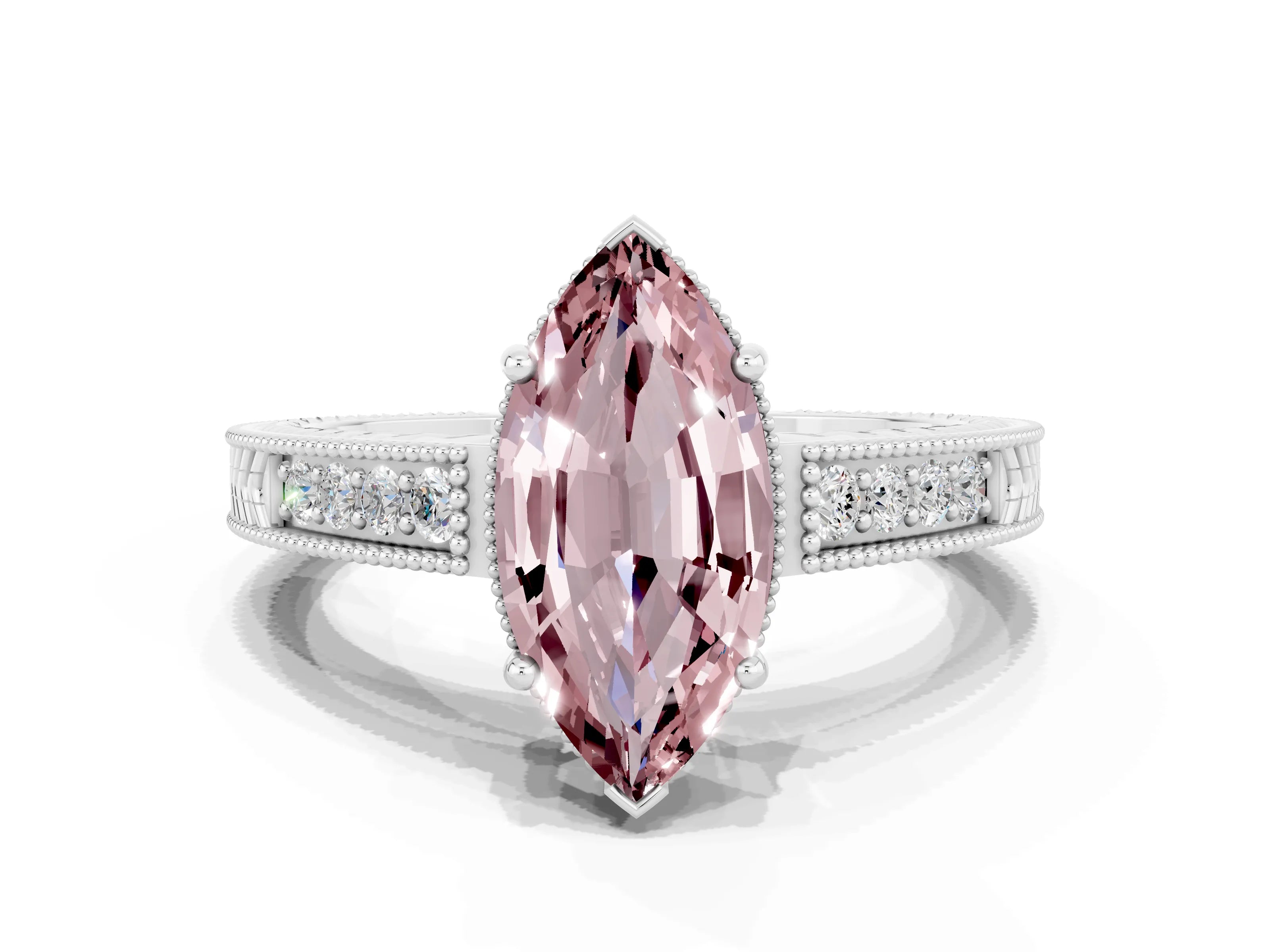 White gold Marquise Cut Morganite Ring with Milgrain Pavé Band and Four-Prong Setting_12