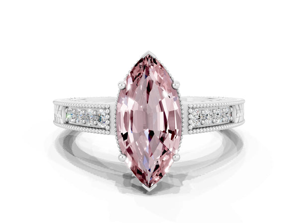 Silver Marquise Cut Morganite Ring with Milgrain Pavé Band and Four-Prong Setting