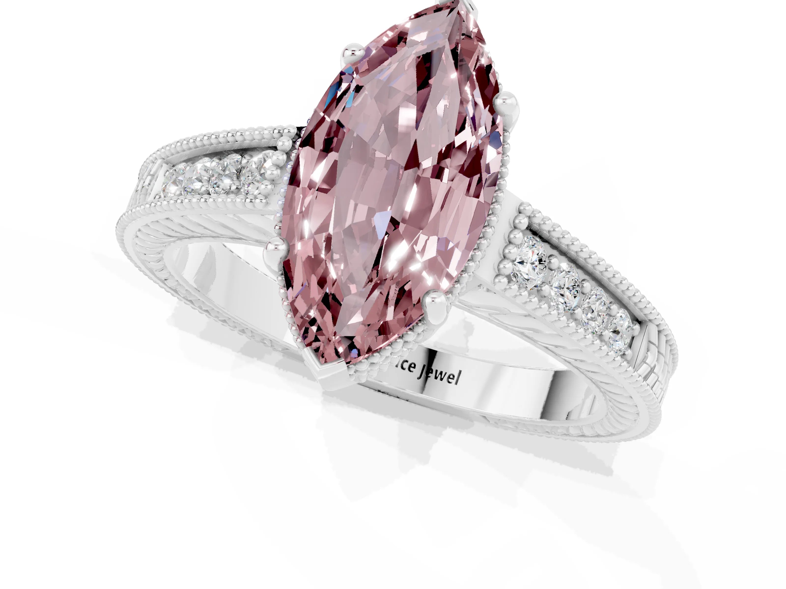 White gold Marquise Cut Morganite Ring with Milgrain Pavé Band and Four-Prong Setting_13