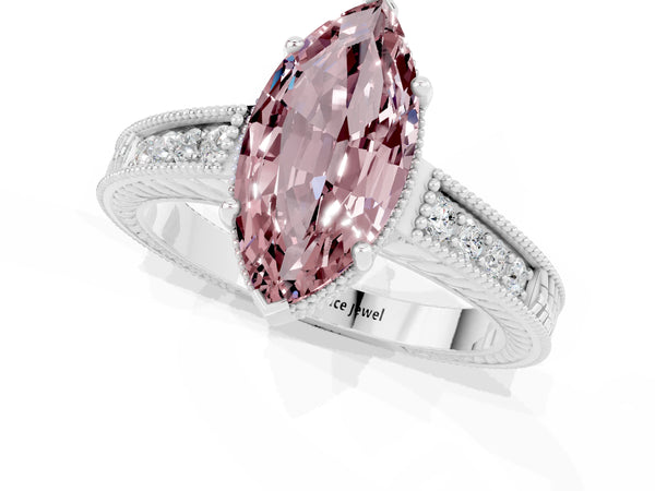 White gold Marquise Cut Morganite Ring with Milgrain Pavé Band and Four-Prong Setting