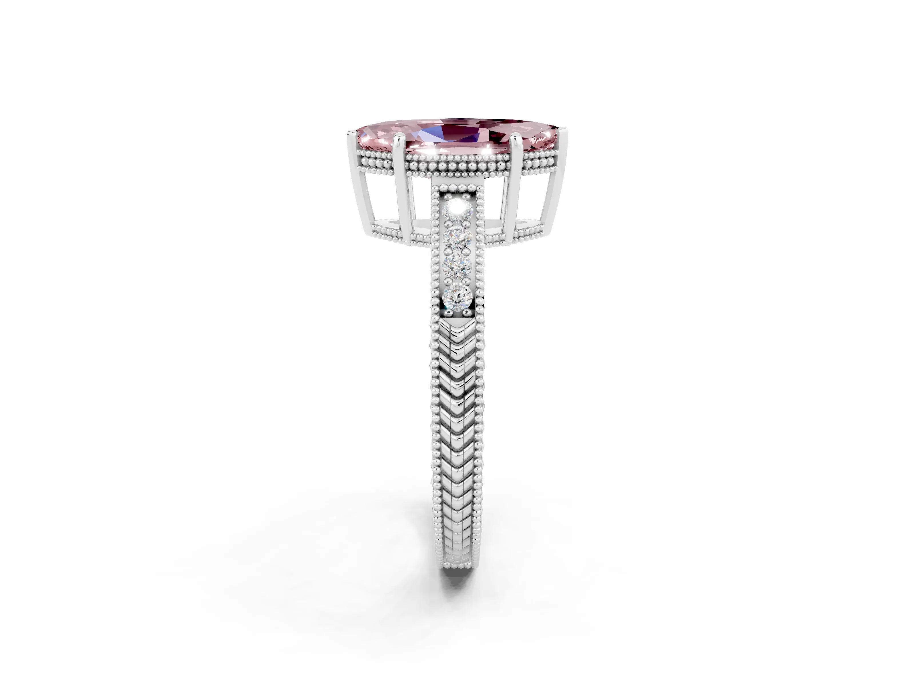 White gold Marquise Cut Morganite Ring with Milgrain Pavé Band and Four-Prong Setting_14