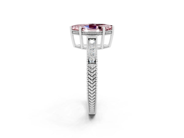 Silver Marquise Cut Morganite Ring with Milgrain Pavé Band and Four-Prong Setting