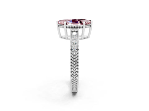 White gold Marquise Cut Morganite Ring with Milgrain Pavé Band and Four-Prong Setting_14