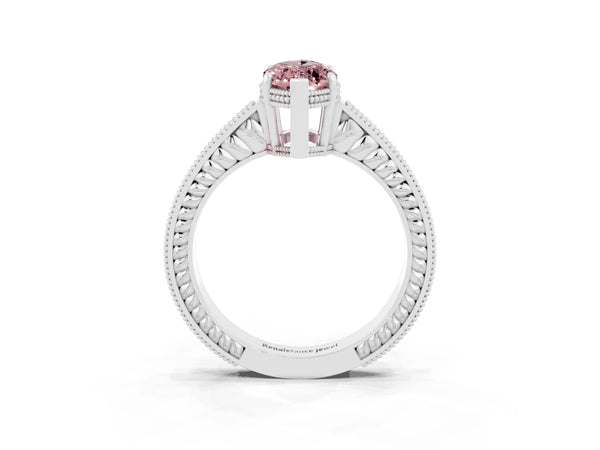 Platinum Marquise Cut Morganite Ring with Milgrain Pavé Band and Four-Prong Setting
