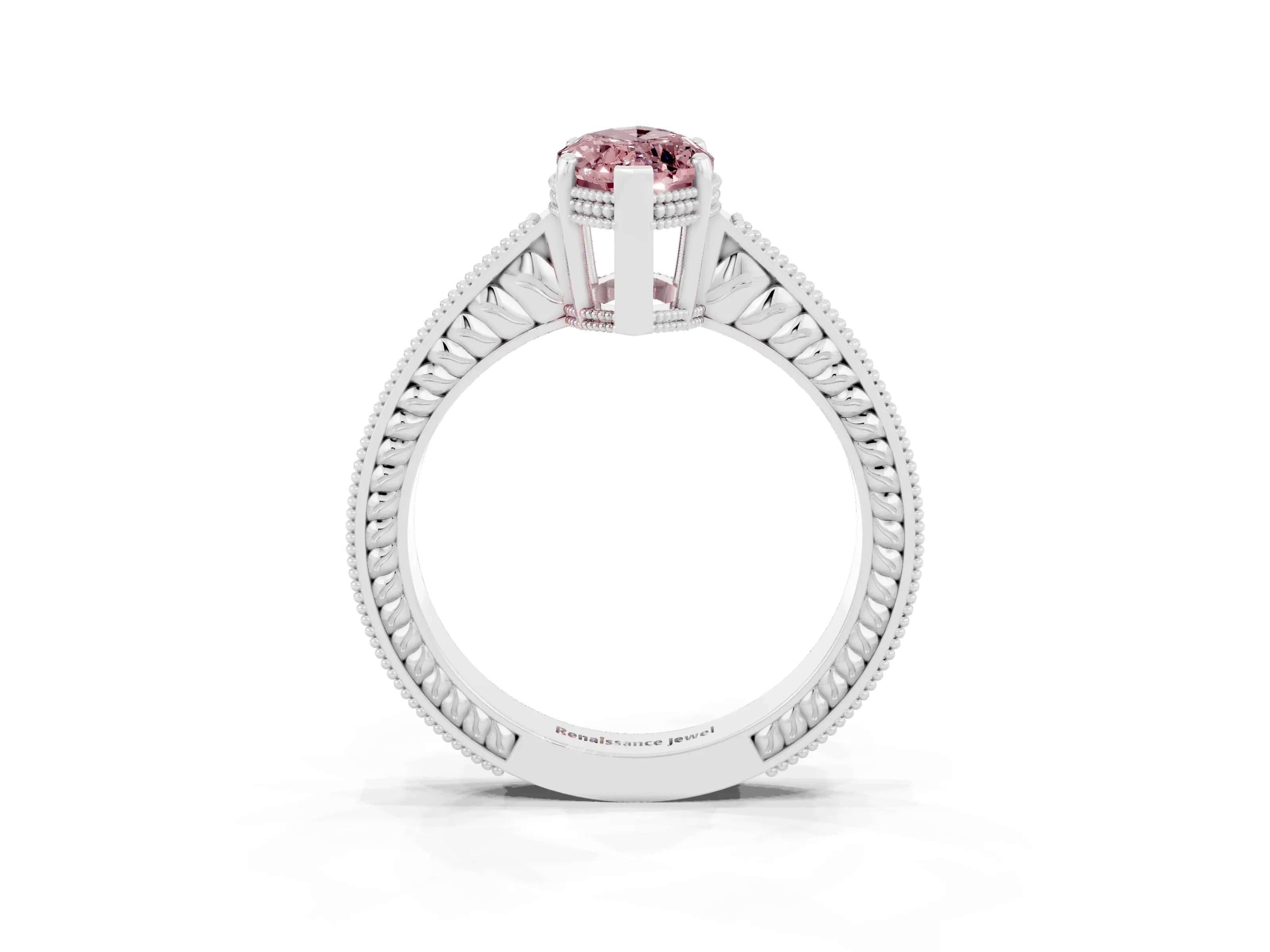 White gold Marquise Cut Morganite Ring with Milgrain Pavé Band and Four-Prong Setting_15