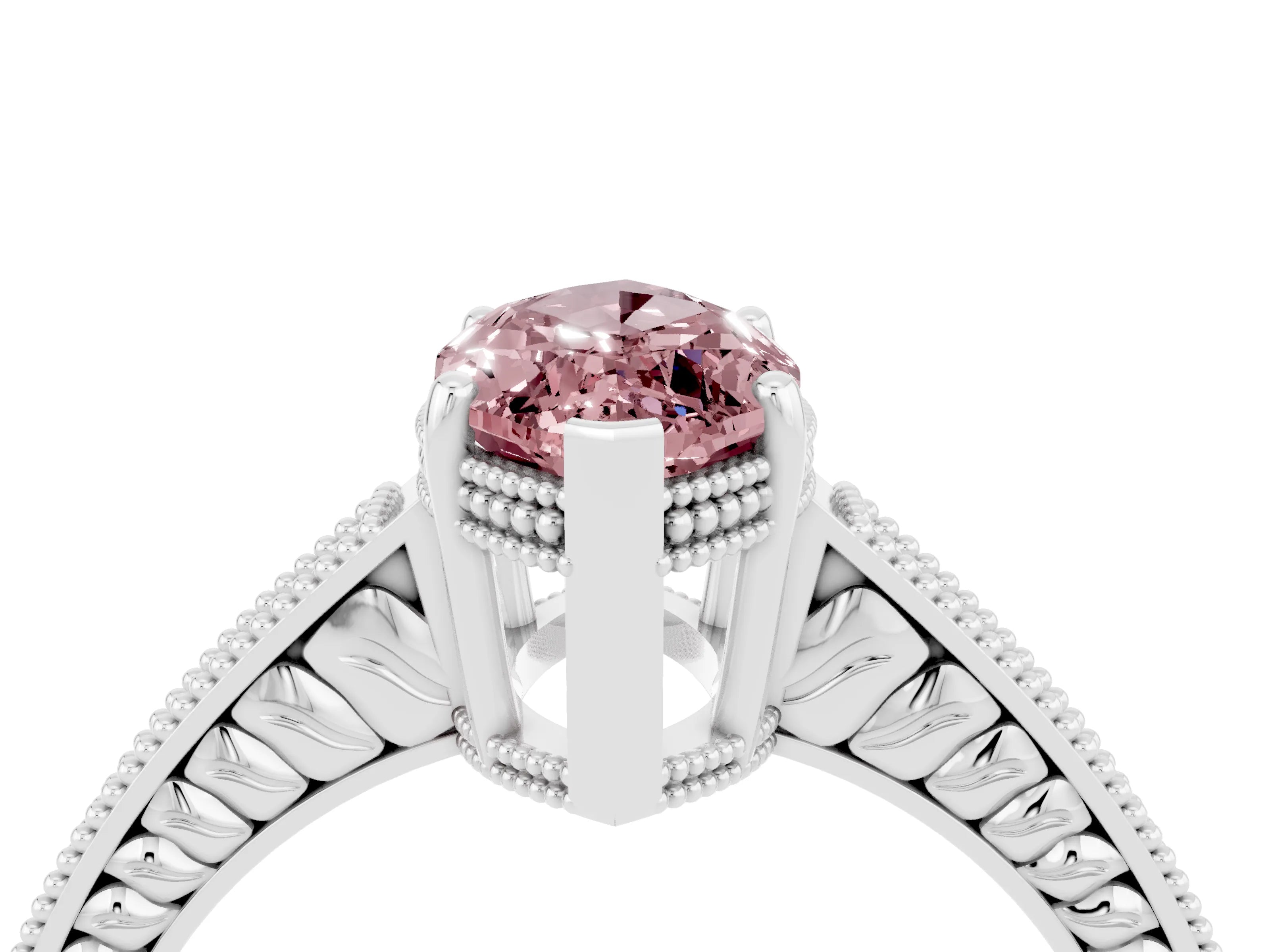 White gold Marquise Cut Morganite Ring with Milgrain Pavé Band and Four-Prong Setting_16