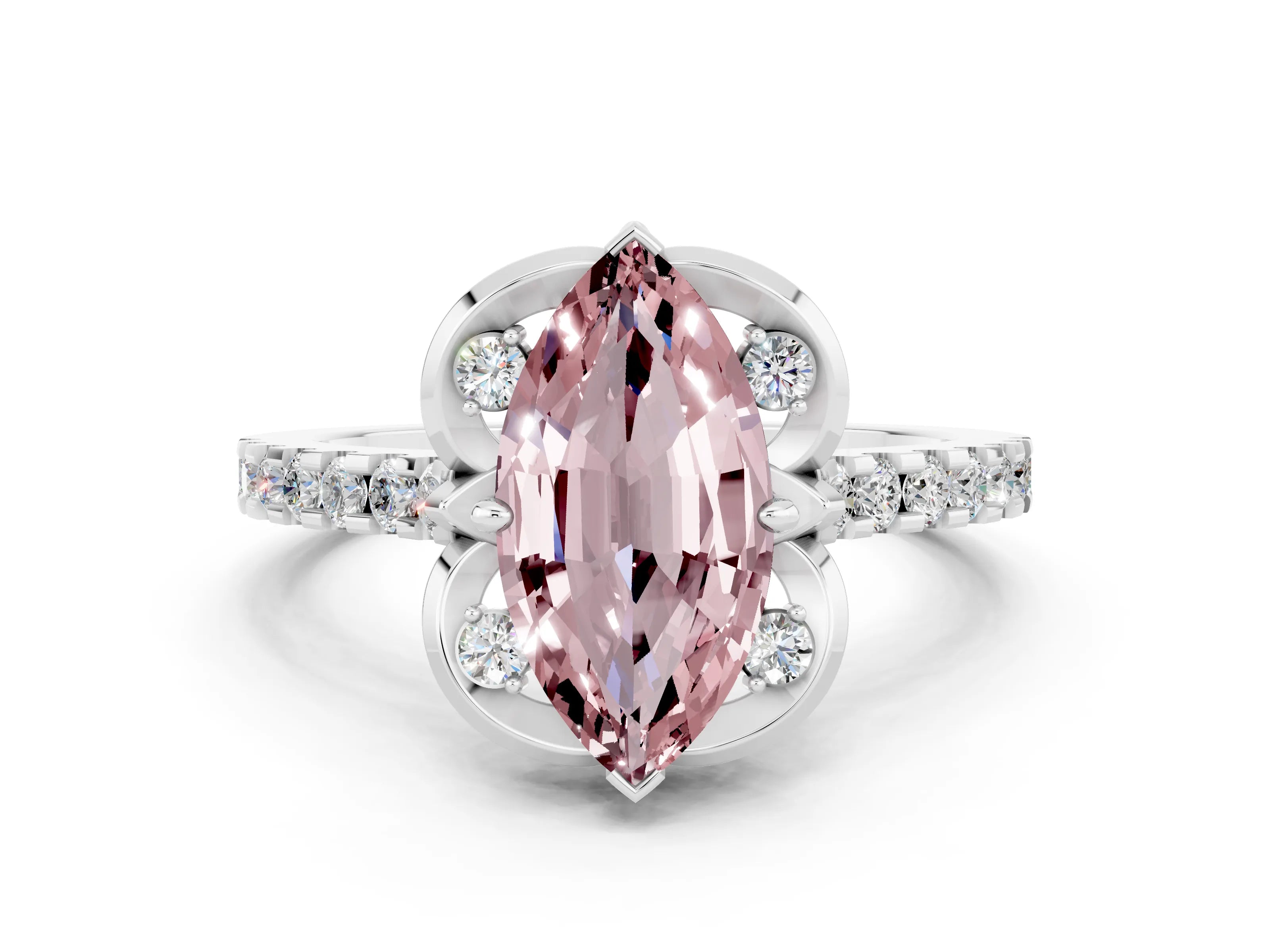 White gold Marquise Cut Morganite Ring with Pavé Band and Floral Prong Setting