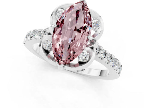 White gold Marquise Cut Morganite Ring with Pavé Band and Floral Prong Setting_1