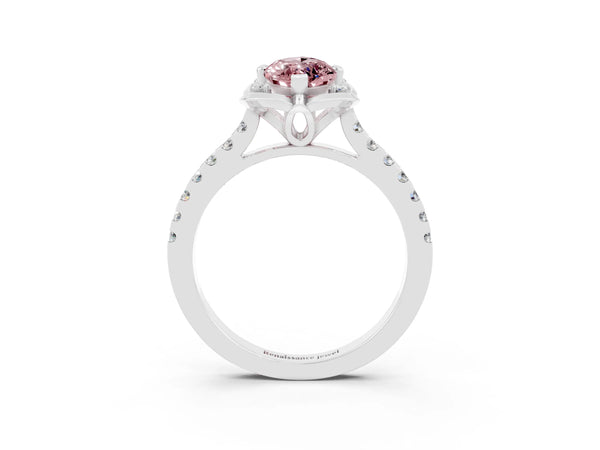 Platinum Marquise Cut Morganite Ring with Pavé Band and Floral Prong Setting