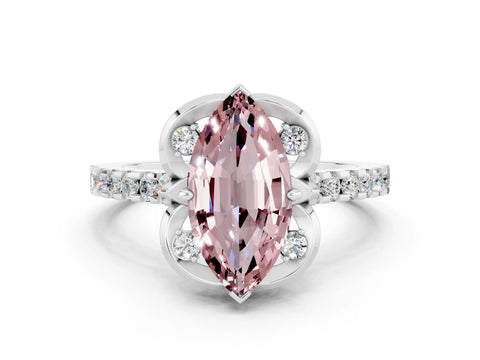 White gold Marquise Cut Morganite Ring with Pavé Band and Floral Prong Setting