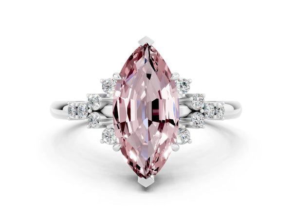 Platinum Marquise Cut Morganite Ring with Side Stones and Four-Prong Setting