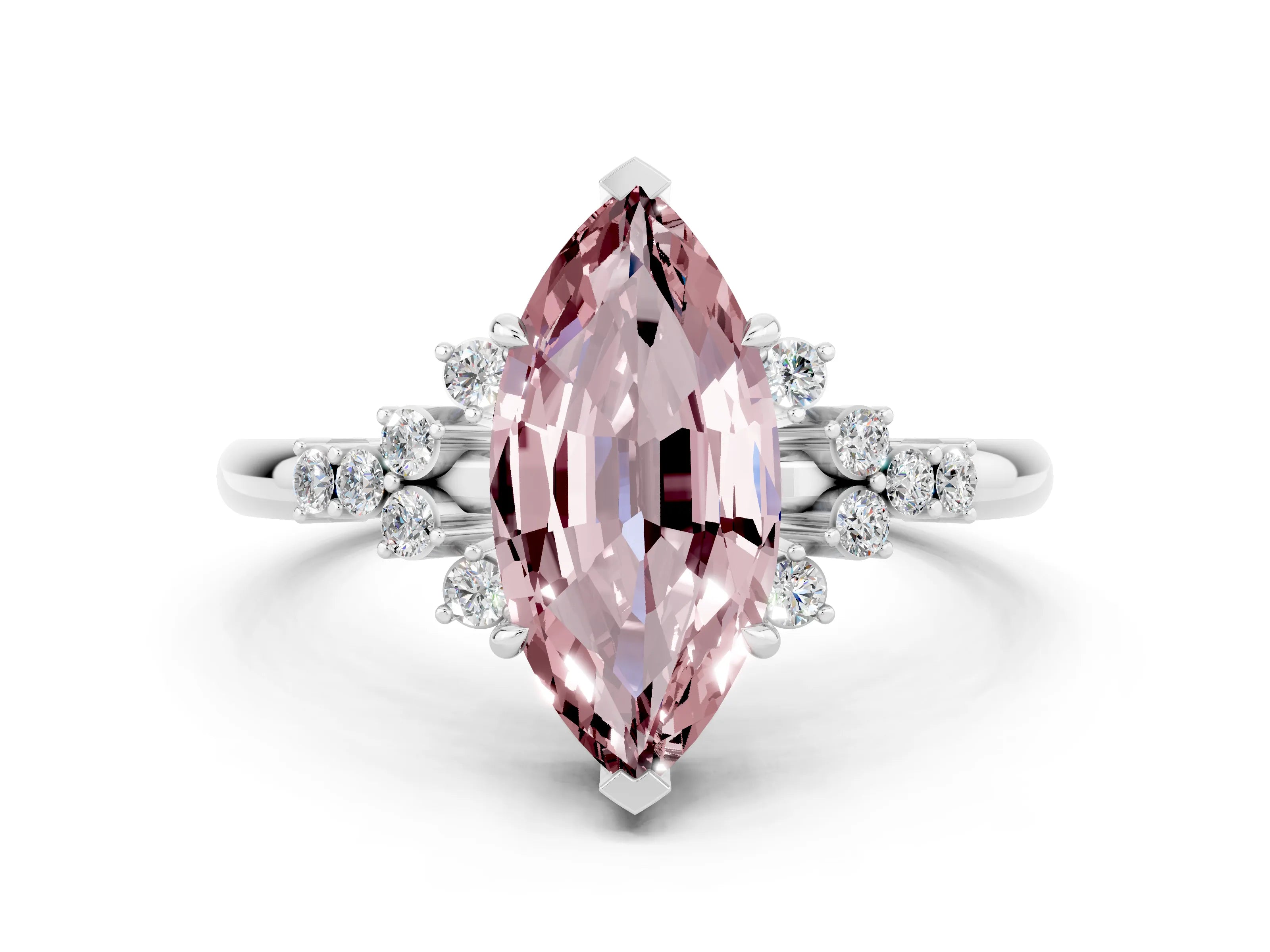 White gold Marquise Cut Morganite Ring with Side Stones and Four-Prong Setting_60