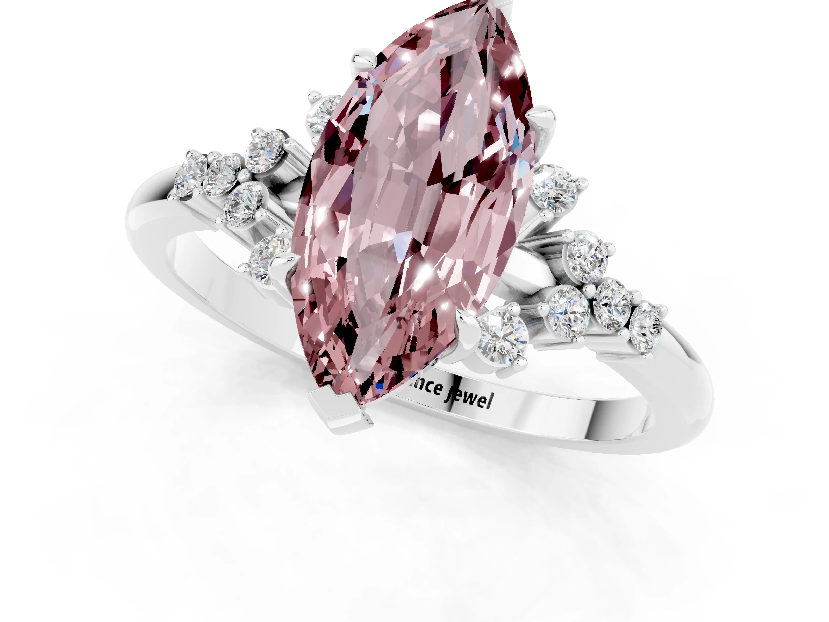 White gold Marquise Cut Morganite Ring with Side Stones and Four-Prong Setting_61