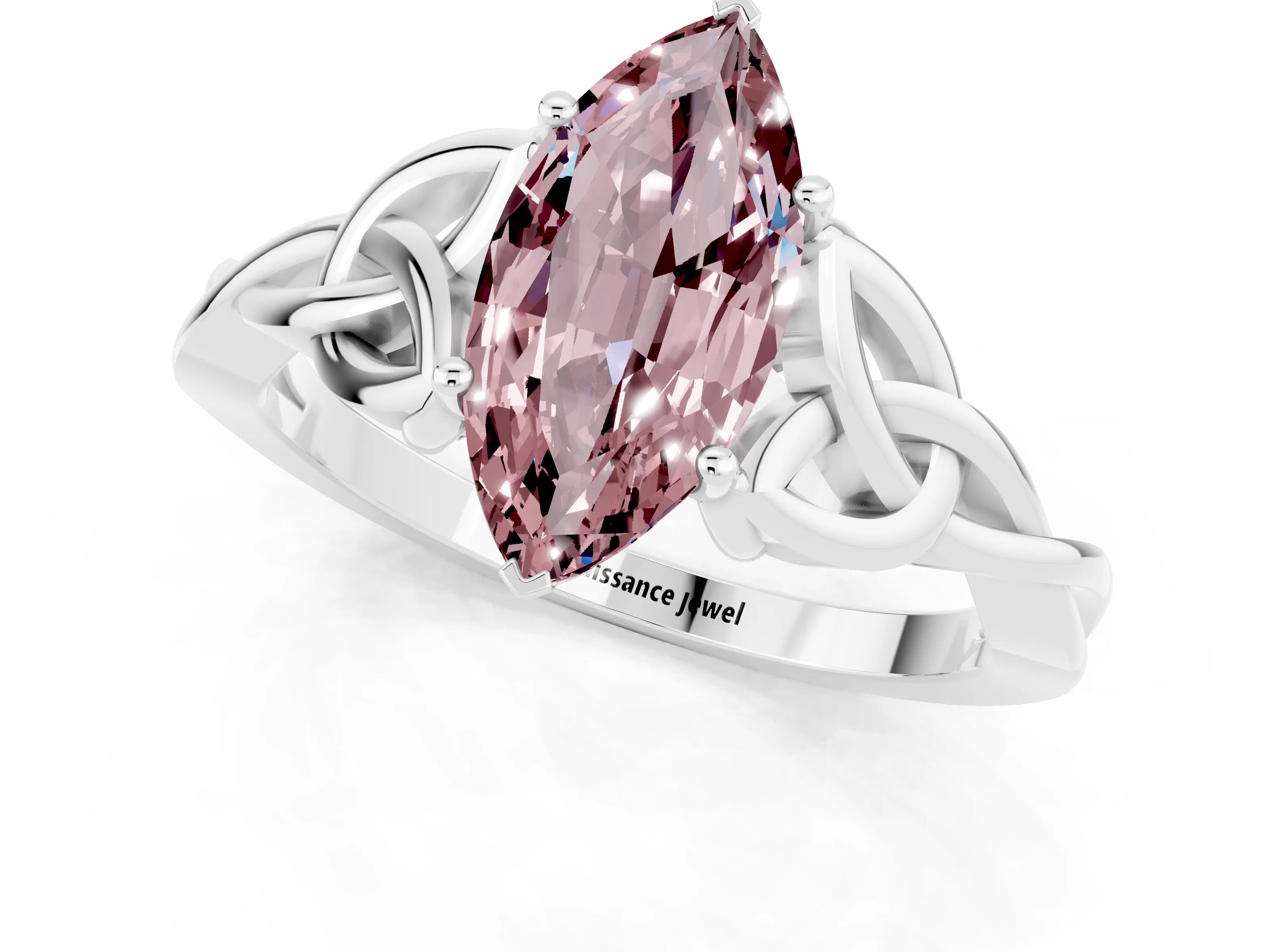 White gold Marquise Cut Morganite Solitaire Engagement Ring with Celtic Knot Band and Four-Prong Setting_1