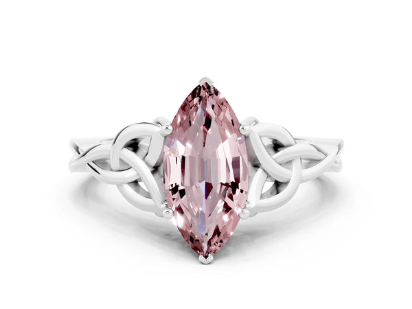 White gold Marquise Cut Morganite Solitaire Engagement Ring with Celtic Knot Band and Four-Prong Setting