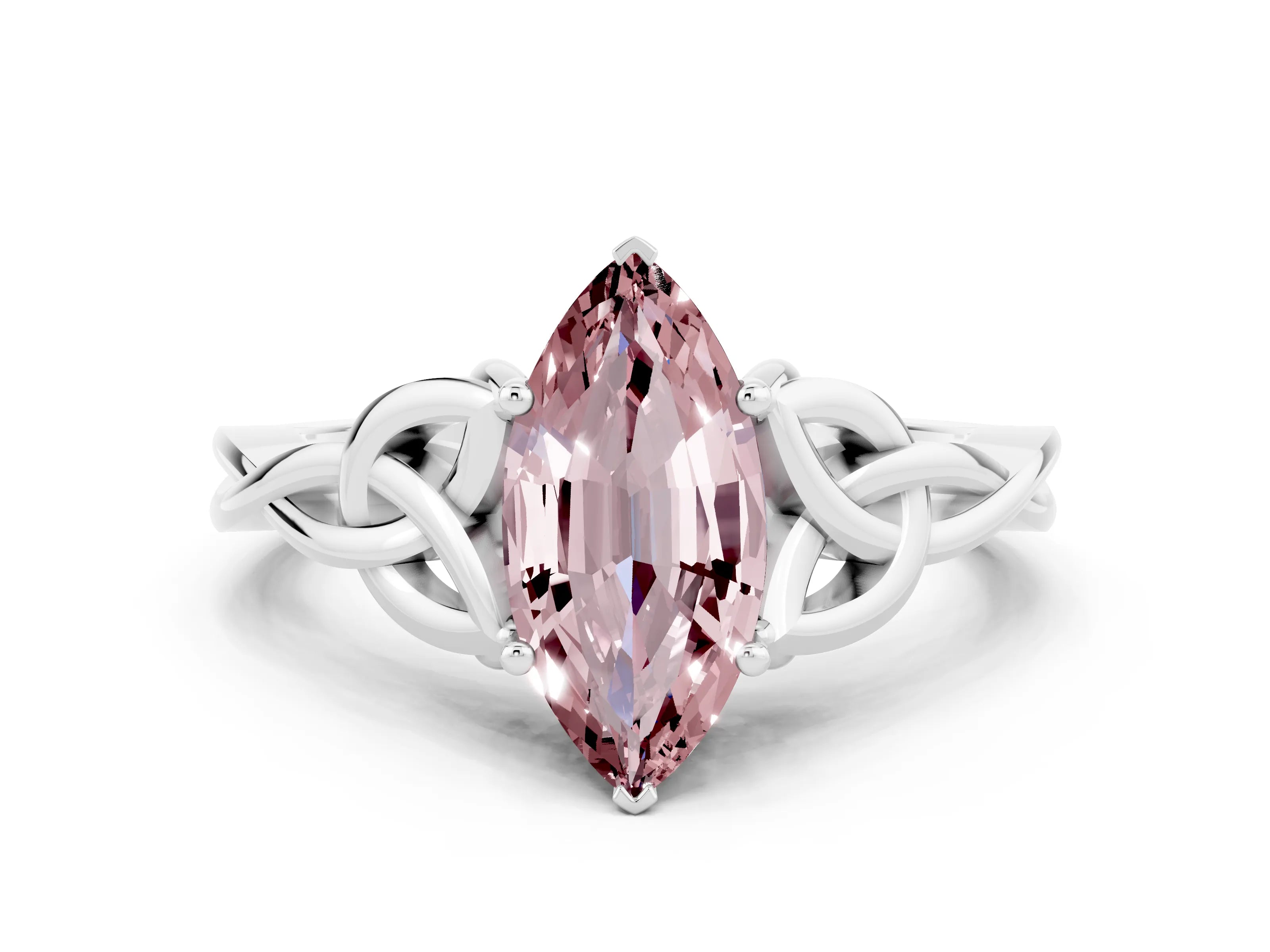 White gold Marquise Cut Morganite Solitaire Engagement Ring with Celtic Knot Band and Four-Prong Setting