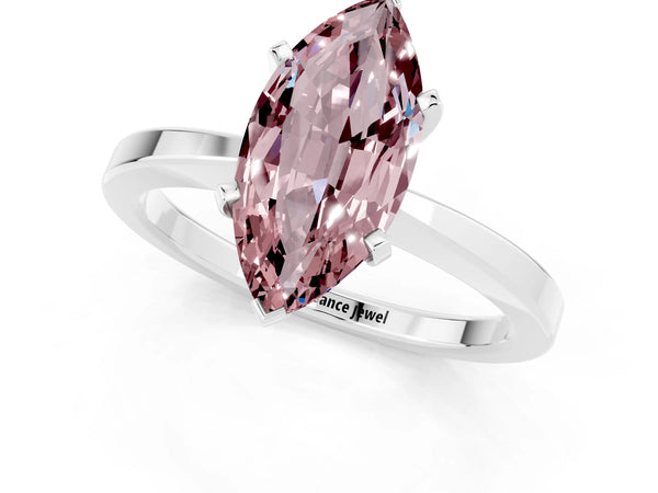 Silver Marquise Cut Morganite Solitaire Engagement Ring with Classic Band and Four-Prong Setting