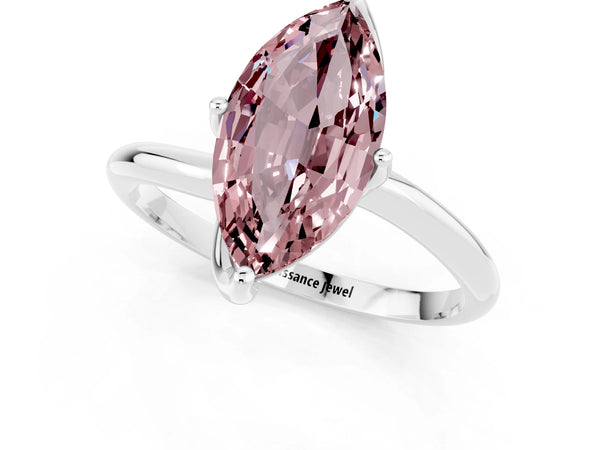 Silver Marquise Cut Morganite Solitaire Engagement Ring with Four-Prong Setting and Classic Band