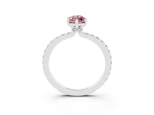 Platinum Marquise Cut Morganite Solitaire Engagement Ring with Pavé Band and Four-Prong Setting