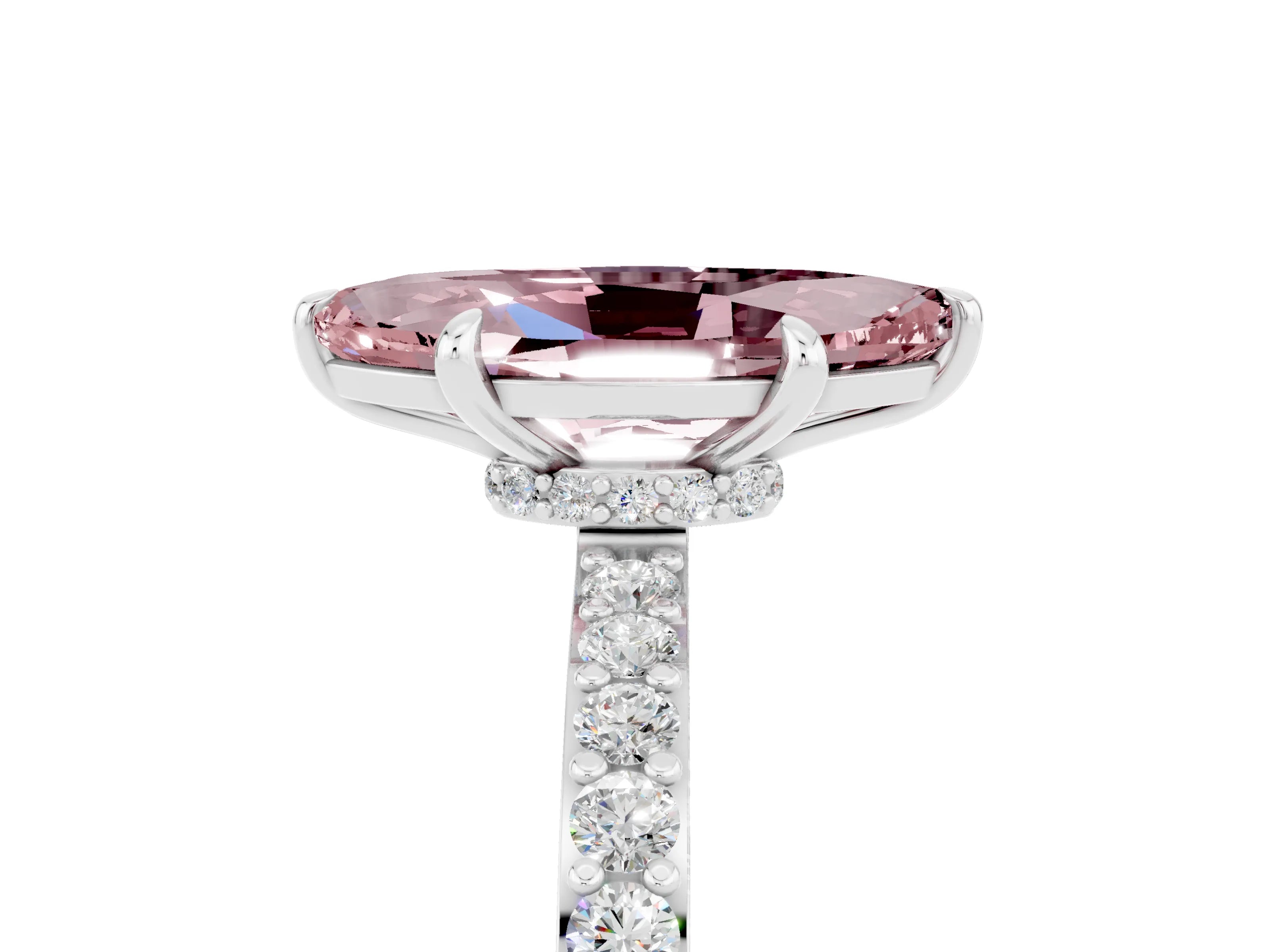 White gold Marquise Cut Morganite Solitaire Engagement Ring with Pavé Band and Four-Prong Setting_5