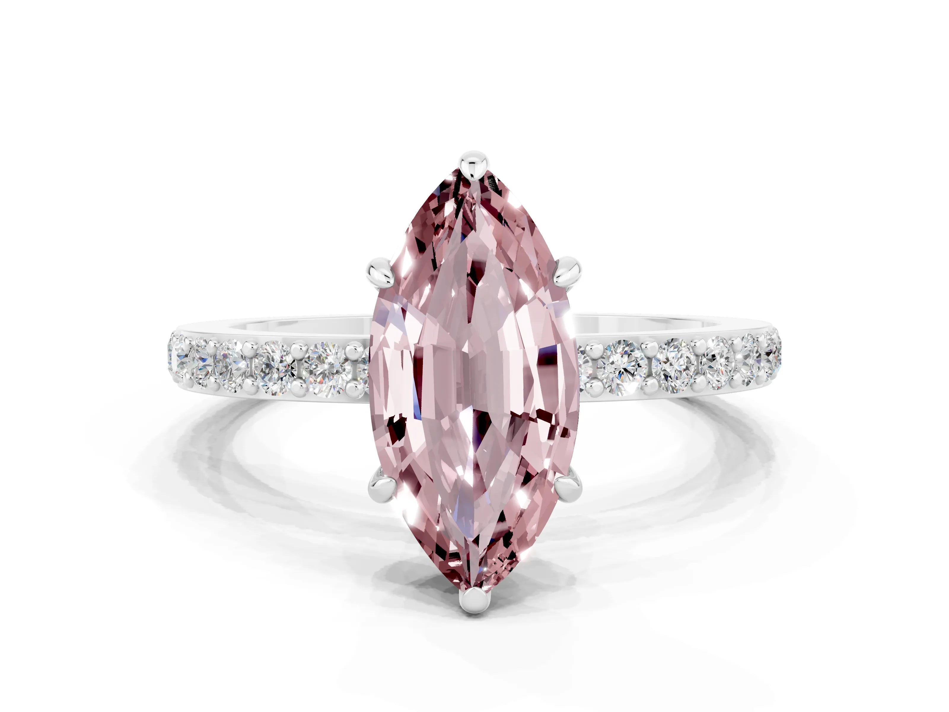 White gold Marquise Cut Morganite Solitaire Engagement Ring with Pavé Band and Four-Prong Setting