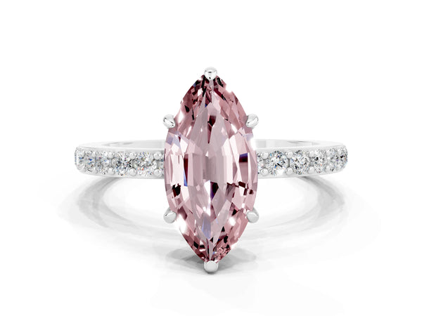 Silver Marquise Cut Morganite Solitaire Engagement Ring with Pavé Band and Four-Prong Setting