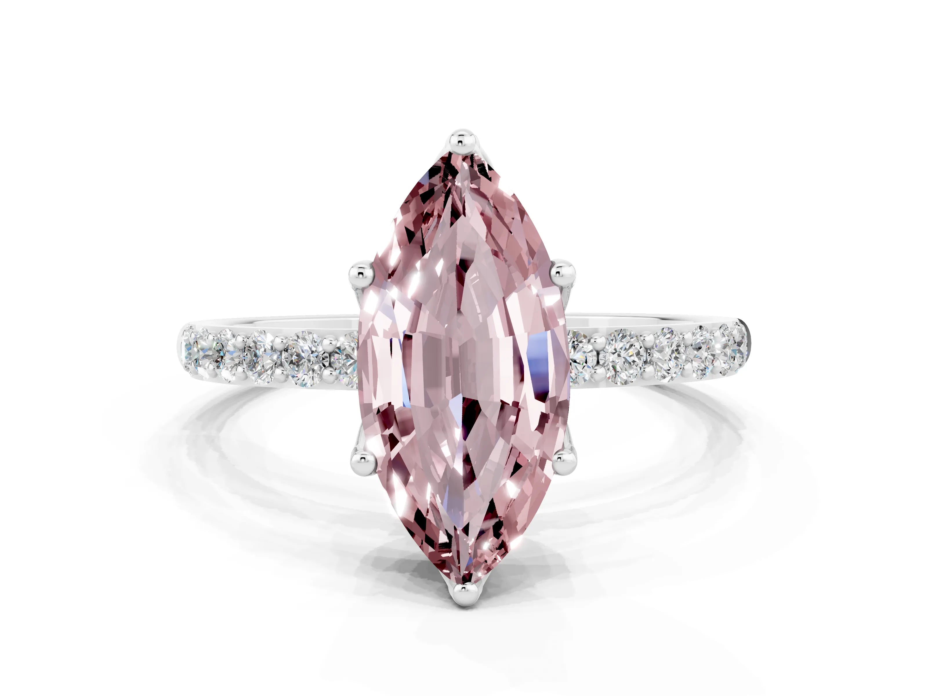 White gold Marquise Cut Morganite Solitaire Engagement Ring with Pavé Band and Prong Setting