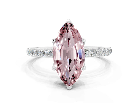 White gold Marquise Cut Morganite Solitaire Engagement Ring with Pavé Band and Prong Setting