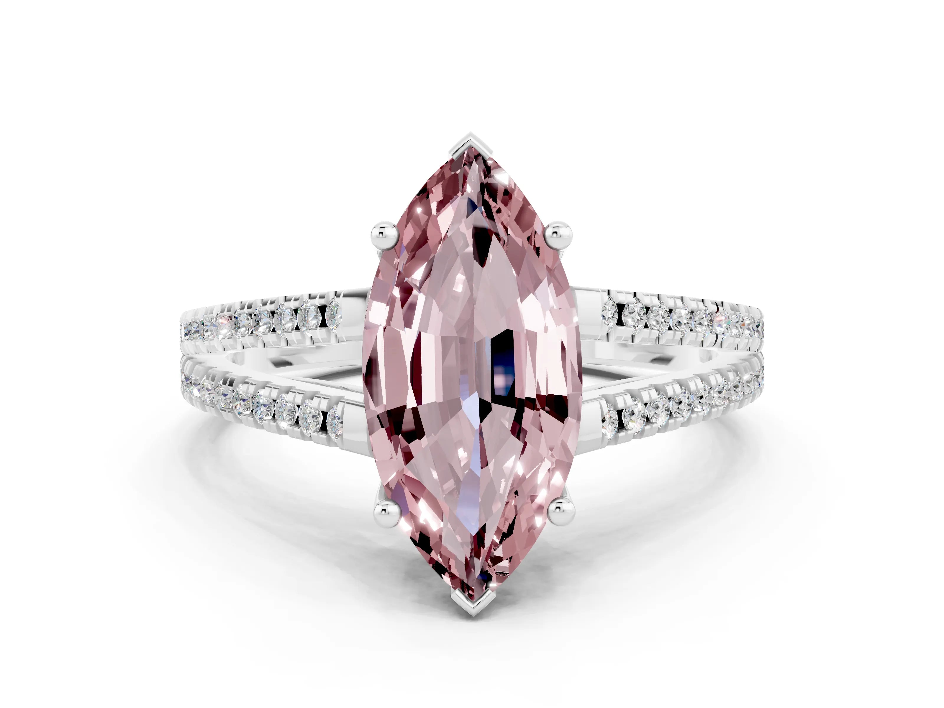 White gold Marquise Cut Morganite Solitaire Engagement Ring with Split Shank Pavé Band