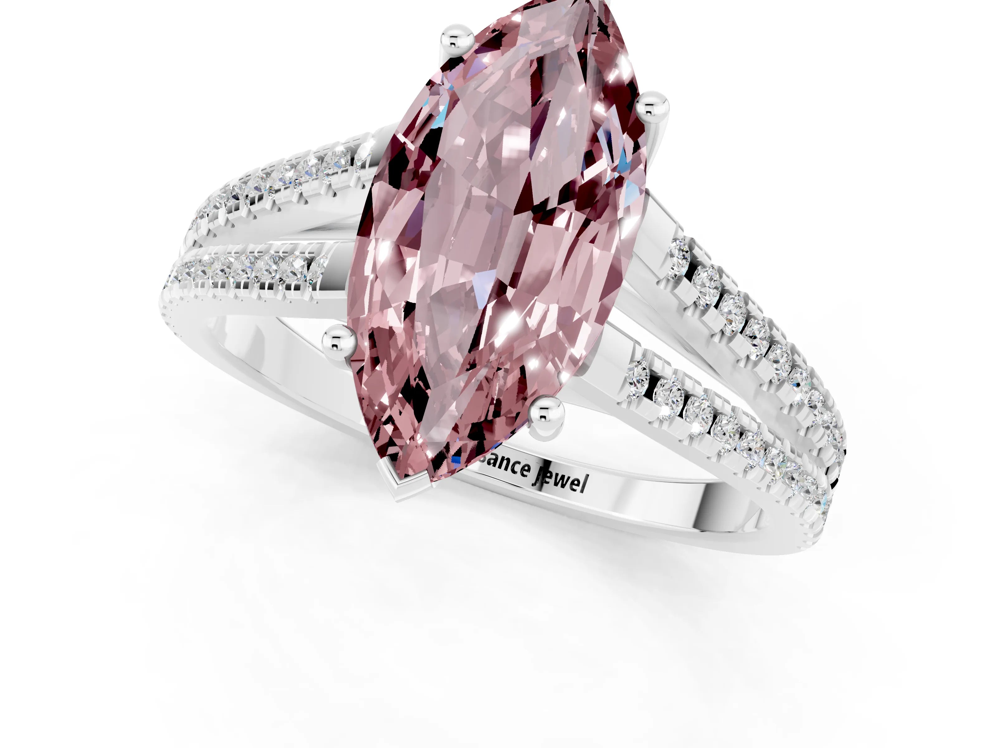White gold Marquise Cut Morganite Solitaire Engagement Ring with Split Shank Pavé Band_1