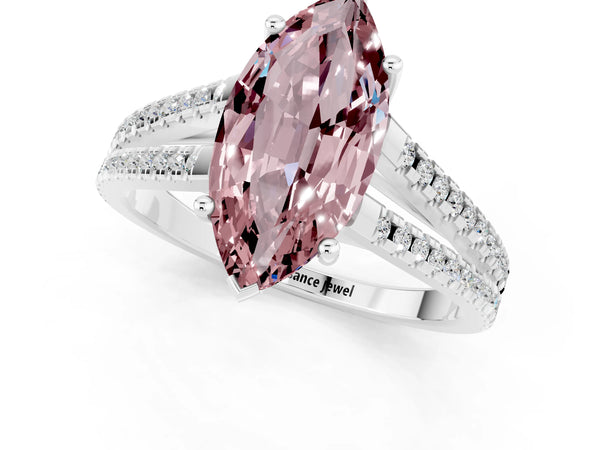 Silver Marquise Cut Morganite Solitaire Engagement Ring with Split Shank Pavé Band