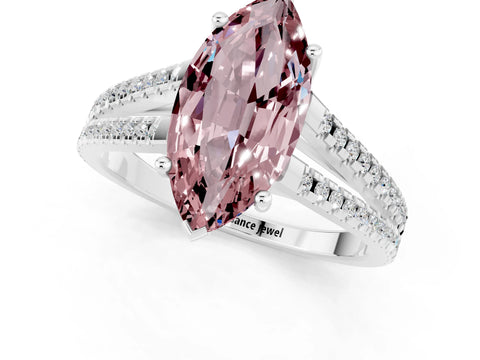 White gold Marquise Cut Morganite Solitaire Engagement Ring with Split Shank Pavé Band_1