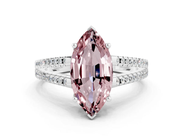 White gold Marquise Cut Morganite Solitaire Engagement Ring with Split Shank Pavé Band