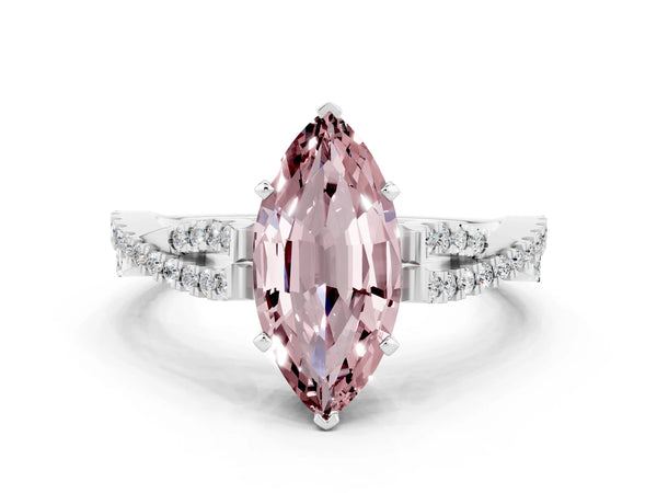 Platinum Marquise Cut Morganite Solitaire Engagement Ring with Twisted Pavé Band and Four-Prong Setting