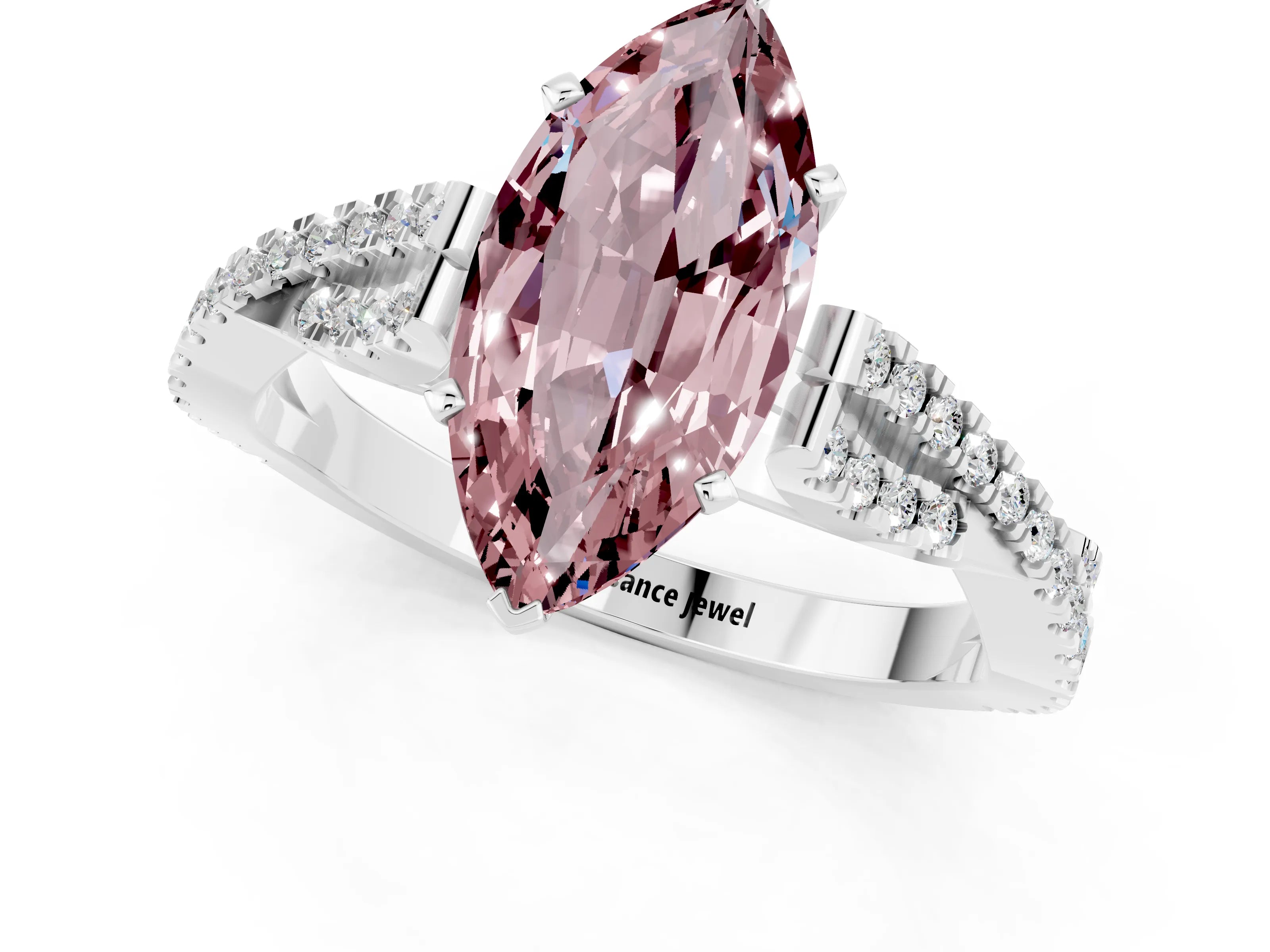 White gold Marquise Cut Morganite Solitaire Engagement Ring with Twisted Pavé Band and Four-Prong Setting_1