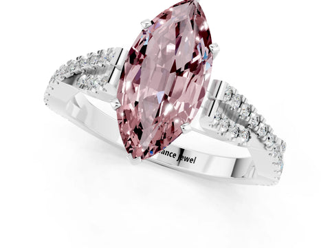 White gold Marquise Cut Morganite Solitaire Engagement Ring with Twisted Pavé Band and Four-Prong Setting_1