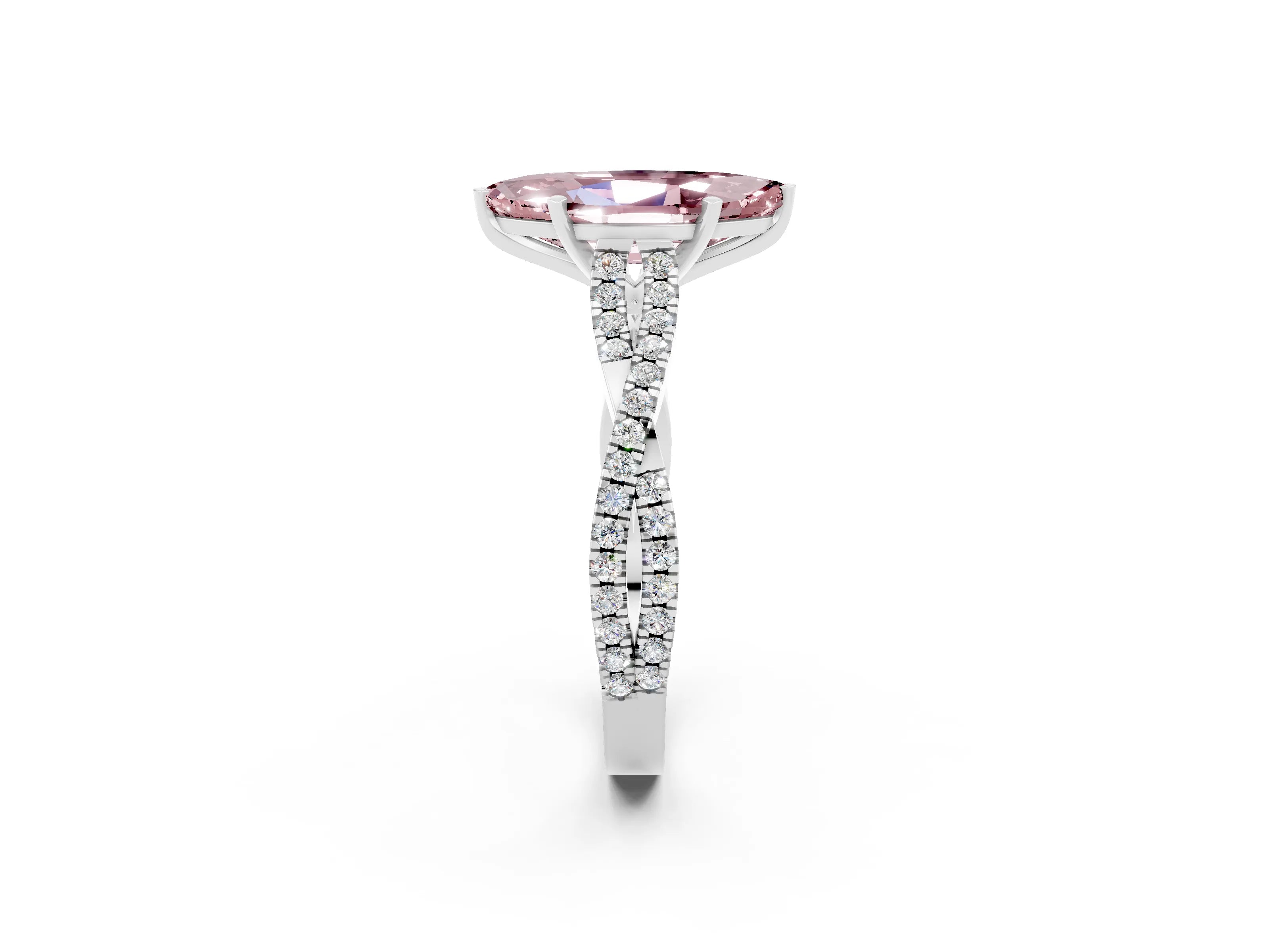 White gold Marquise Cut Morganite Solitaire Engagement Ring with Twisted Pavé Band and Four-Prong Setting_2