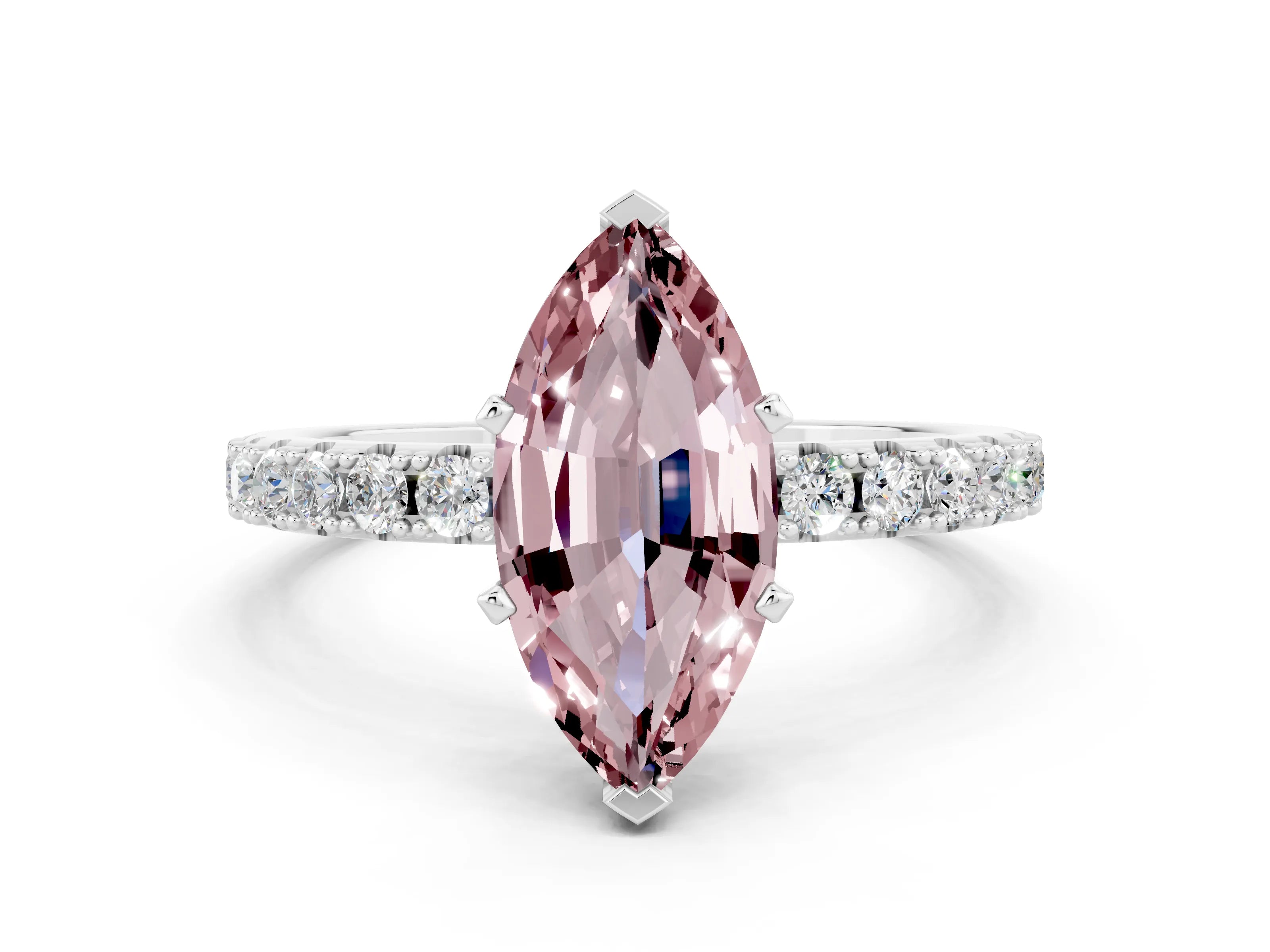 White gold Marquise Cut Morganite Solitaire Pavé Band with Four-Prong Setting