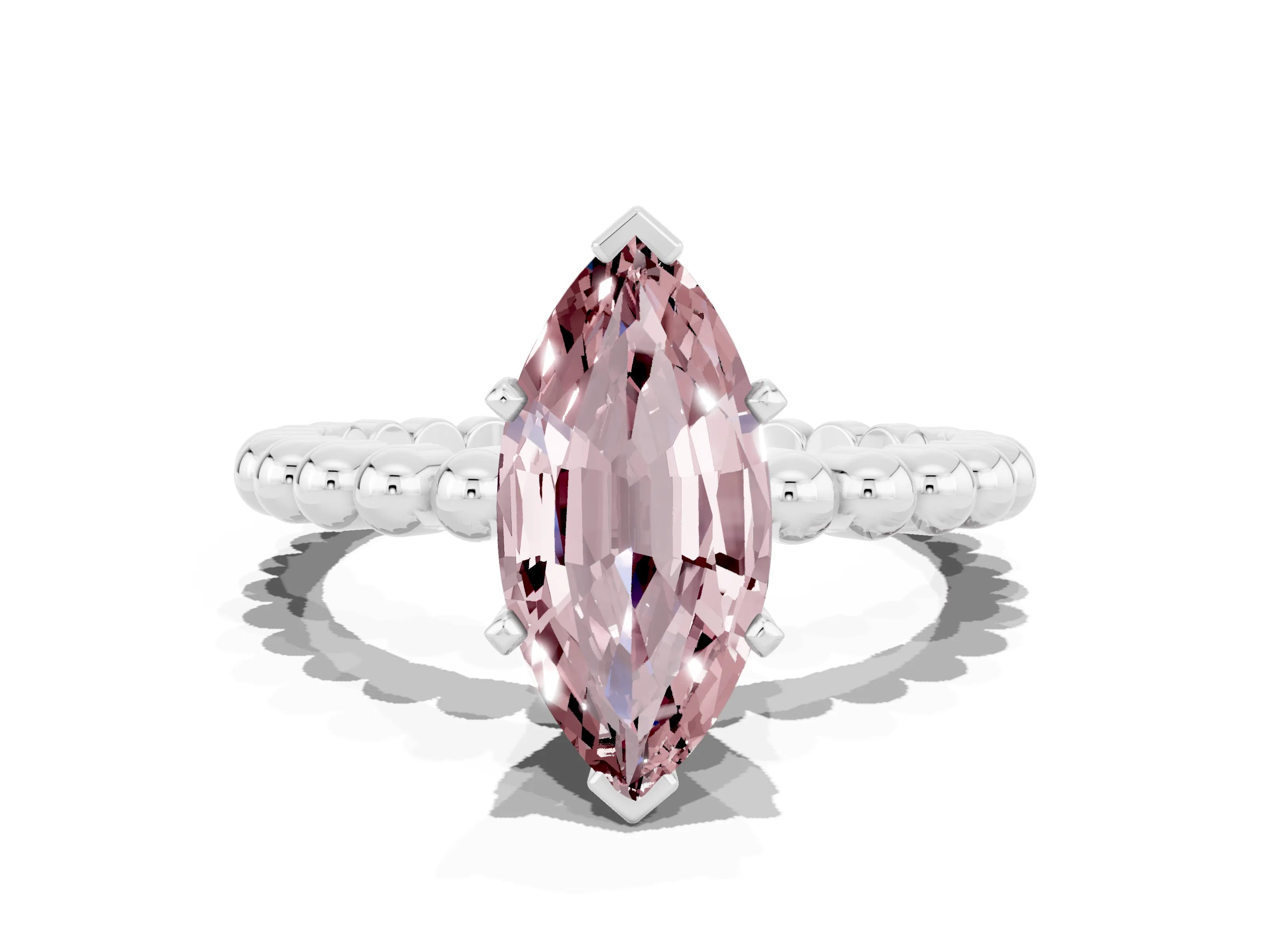 White gold Marquise Cut Morganite Solitaire Ring with Beaded Band and Prong Setting_12