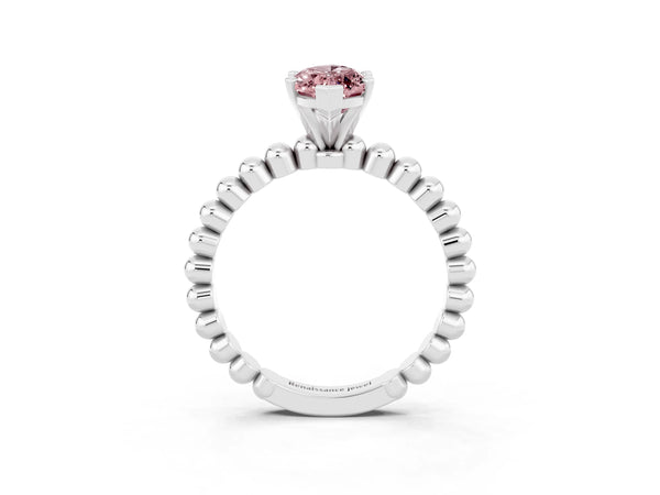 Platinum Marquise Cut Morganite Solitaire Ring with Beaded Band and Prong Setting
