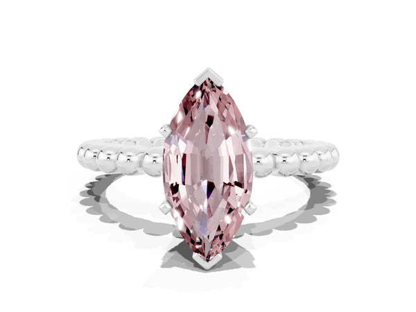 White gold Marquise Cut Morganite Solitaire Ring with Beaded Band and Prong Setting