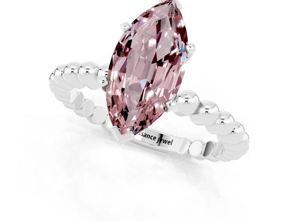 White gold Marquise Cut Morganite Solitaire Ring with Beaded Band and Prong Setting