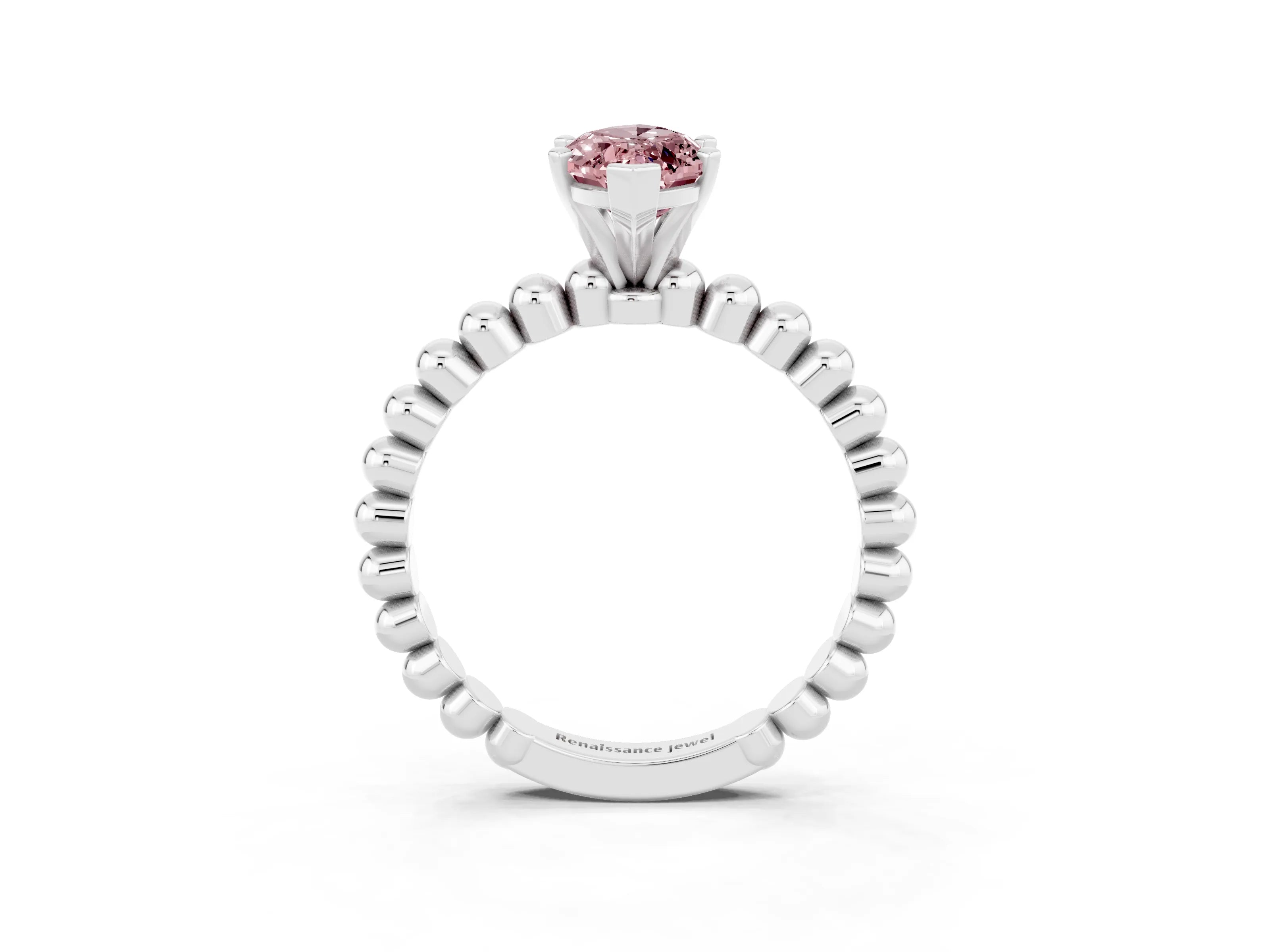White gold Marquise Cut Morganite Solitaire Ring with Beaded Band and Prong Setting_27