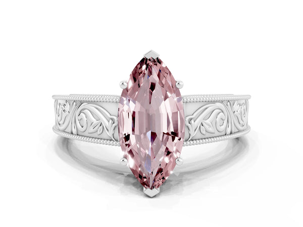 Platinum Marquise Cut Morganite Solitaire Ring with Engraved Band and Four-Prong Setting