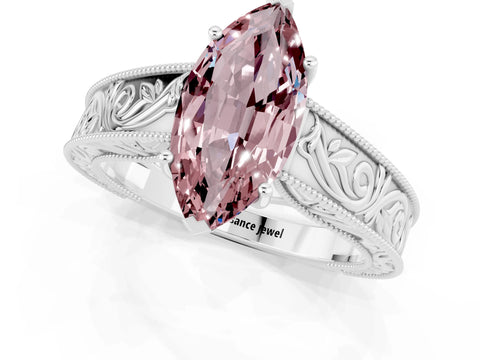 White gold Marquise Cut Morganite Solitaire Ring with Engraved Band and Four-Prong Setting_1