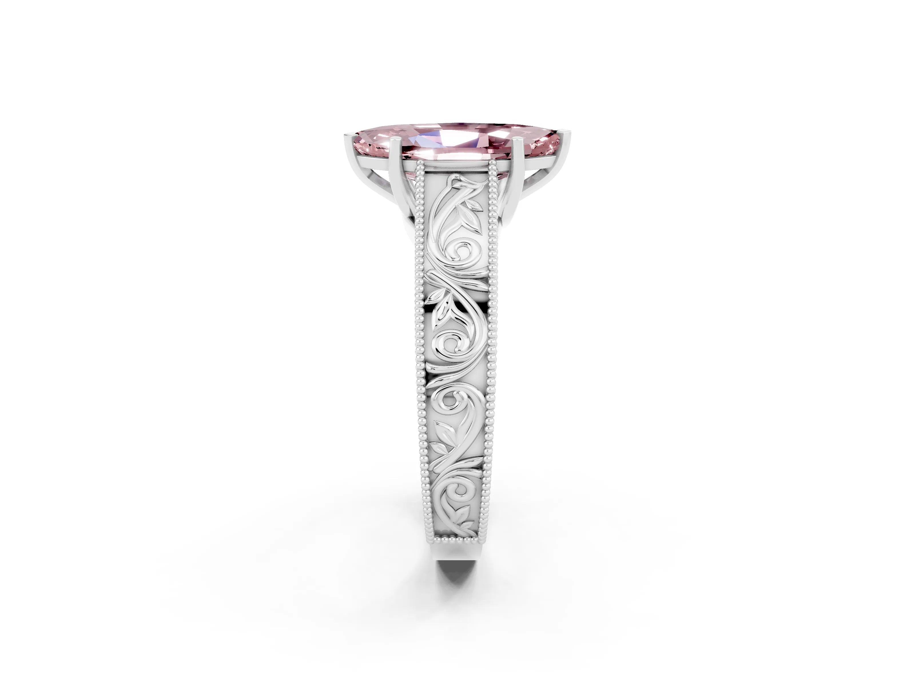 White gold Marquise Cut Morganite Solitaire Ring with Engraved Band and Four-Prong Setting_2