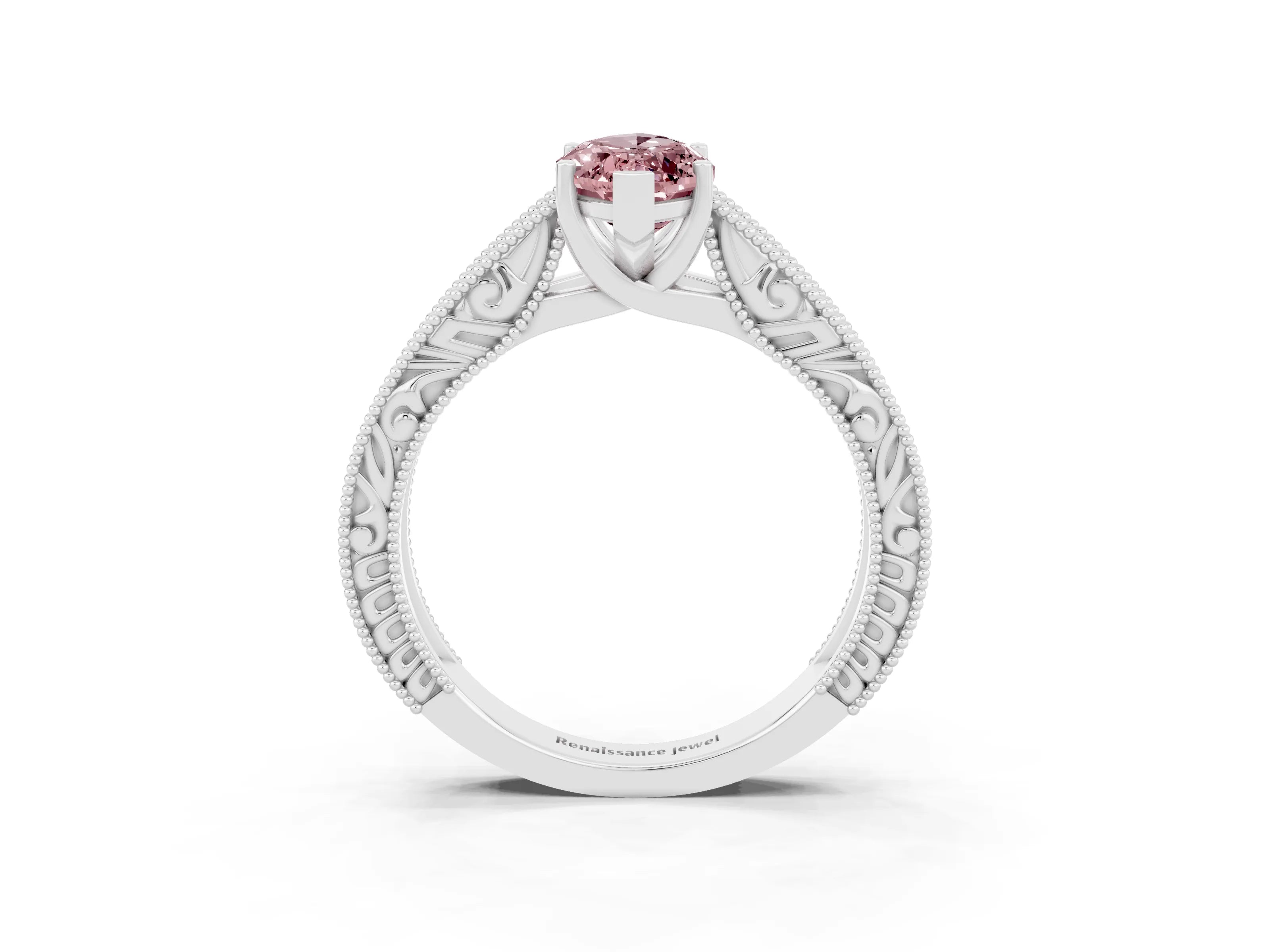 White gold Marquise Cut Morganite Solitaire Ring with Engraved Band and Four-Prong Setting_3